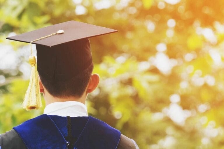 Graduate in cap and gown, viewed from behind, standing against a backdrop of green foliage and warm sunlight.