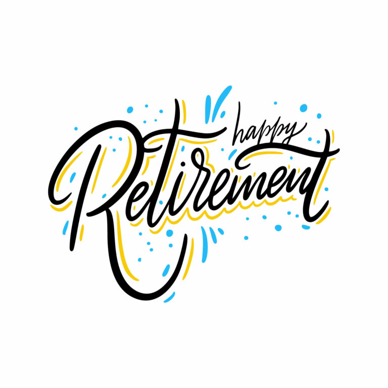 Stylized text reads "happy Retirement" with colorful splashes in blue and yellow on a white background.