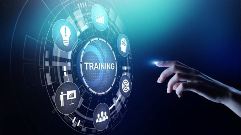 A hand reaches towards a digital interface displaying icons related to training, knowledge, and data analysis.