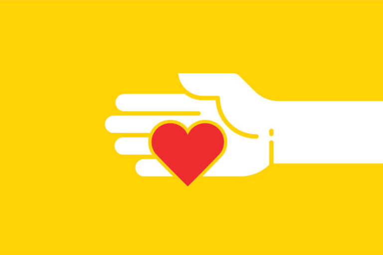 A white hand cradles a red heart against a bright yellow background, symbolizing care and compassion.