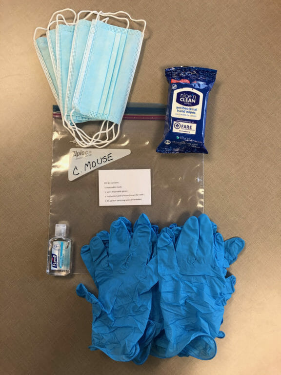 A collection of PPE items including blue gloves, face masks, hand sanitizer, and antibacterial wipes in a ziplock bag.