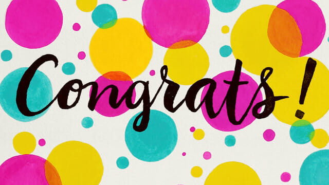 Colorful polka dots surround the bold, handwritten text "Congrats!" in black on a white background.
