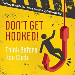 Bold text warns "Don't Get Hooked!" with a figure dangling from a hook, emphasizing cybersecurity awareness.