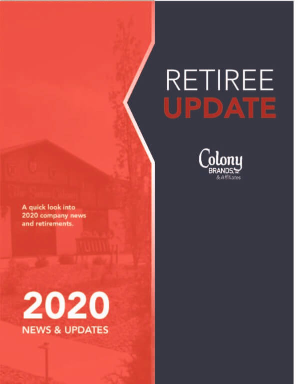 Retiree update cover featuring bold text, company logo, and a background image of a garden and building.